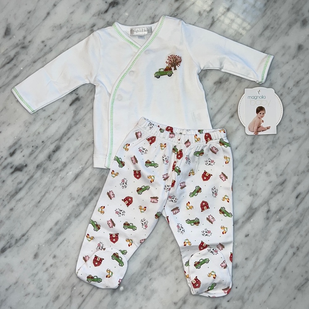 New Magnolia Baby Farm Footed Pant and Kimono Shirt Set